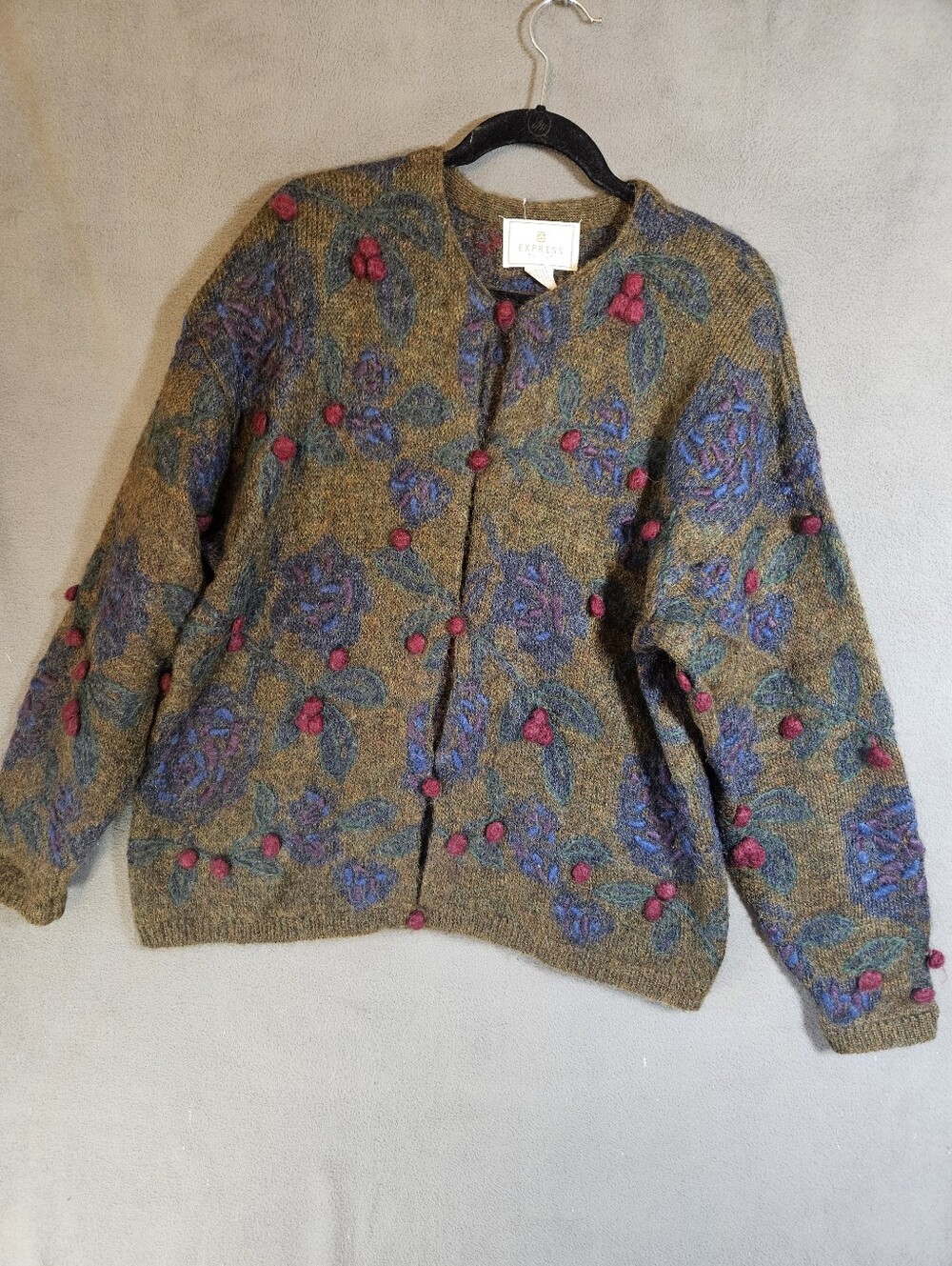 Express Tricot Sweater Women M Mohair Acrylic Boxy 90's Berries Cardigan Vintage